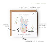 Personalised Easter Card, Niece Easter Card, Goddaughter, Granddaughter, Daughter, Bunny Ears, Easter Egg, Happy Easter.