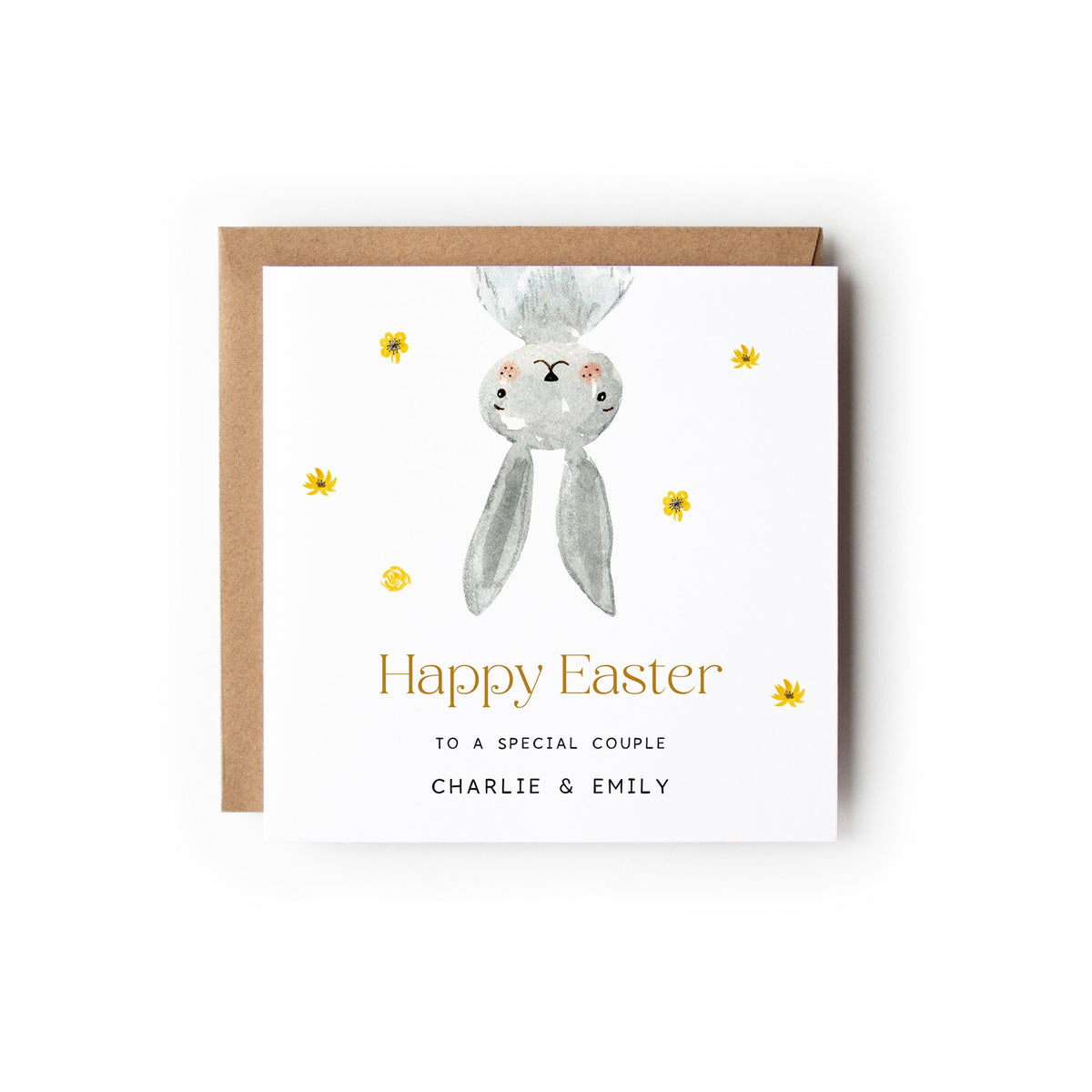 Easter Card with a cute little grey bunny upside down, Text below reads Happy Easter and the text below reads To a special ... (insert title here eg couple, mum etc) with the names underneath.