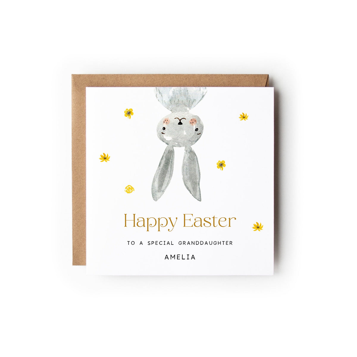 Easter Card with a cute little grey bunny upside down, Text below reads Happy Easter and the text below reads To a special ... (insert title here eg couple, mum etc) with the names underneath.