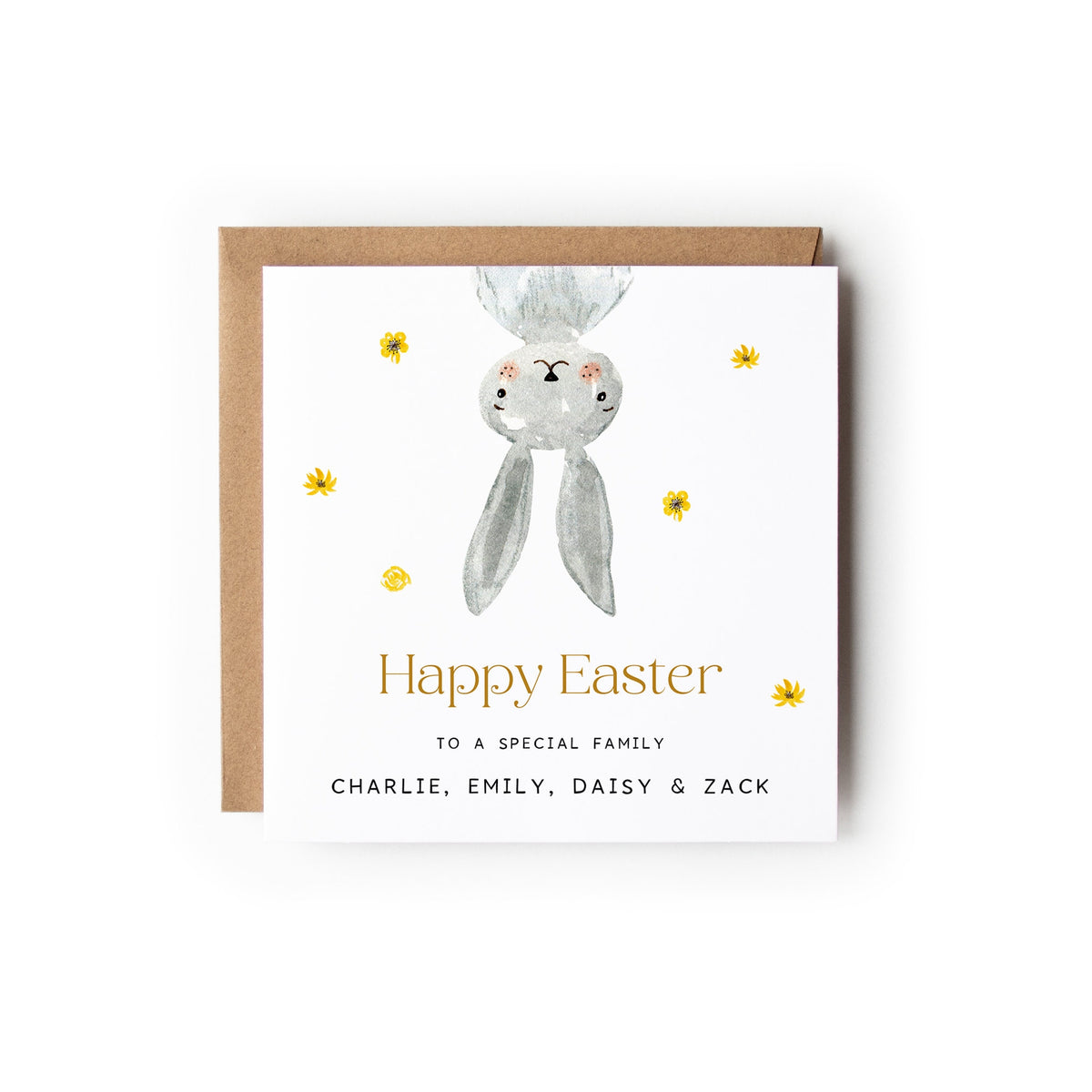 Easter Card with a cute little grey bunny upside down, Text below reads Happy Easter and the text below reads To a special ... (insert title here eg couple, mum etc) with the names underneath.