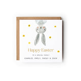 Easter Card with a cute little grey bunny upside down, Text below reads Happy Easter and the text below reads To a special ... (insert title here eg couple, mum etc) with the names underneath.